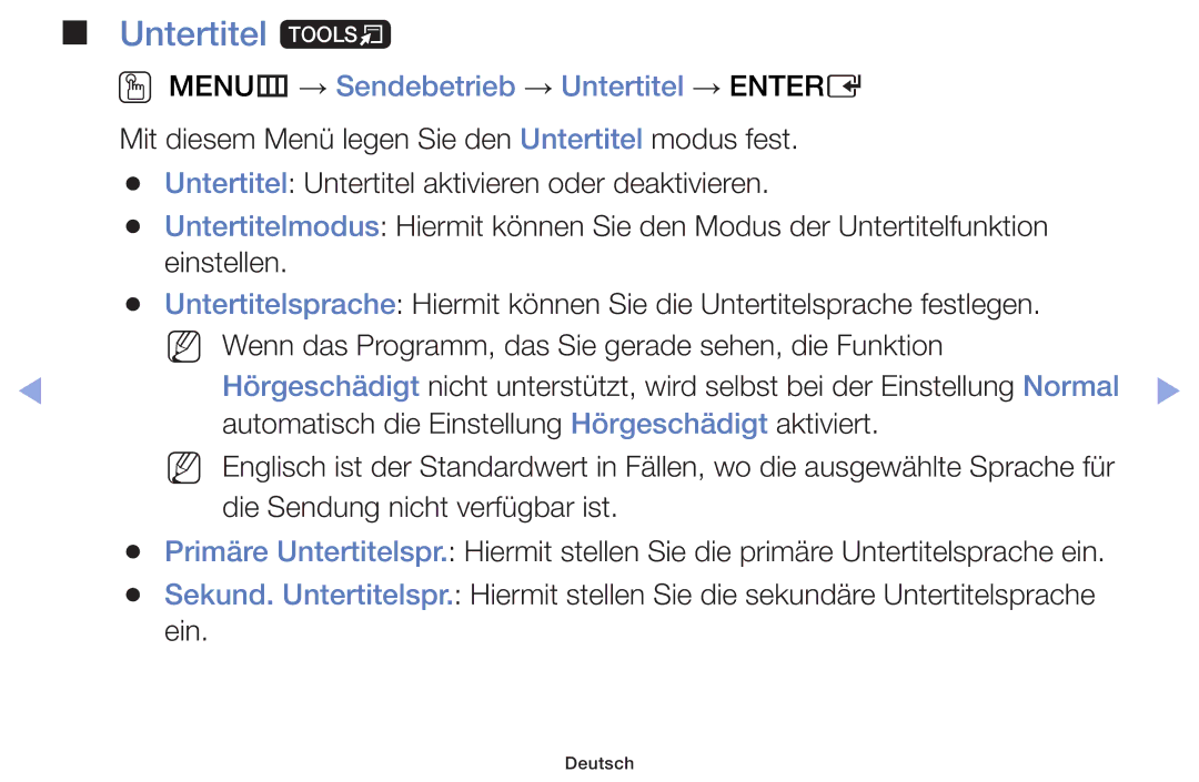 Samsung UE22F5000AWXZG, UE32F6100AWXXH, UE55F6100AWXZG manual Untertitel t, OO MENUm → Sendebetrieb → Untertitel → Entere 