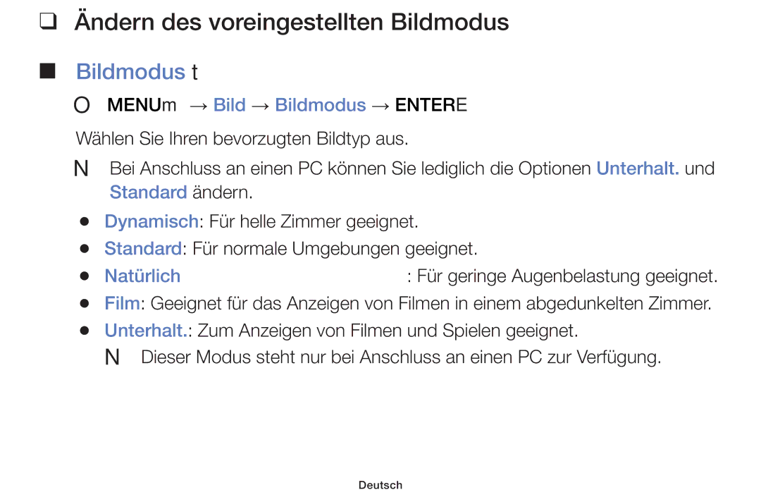 Samsung UE46F6100AWXZF, UE32F6100AWXXH manual Ändern des voreingestellten Bildmodus, Bildmodus t, Standard ändern, Natürlich 