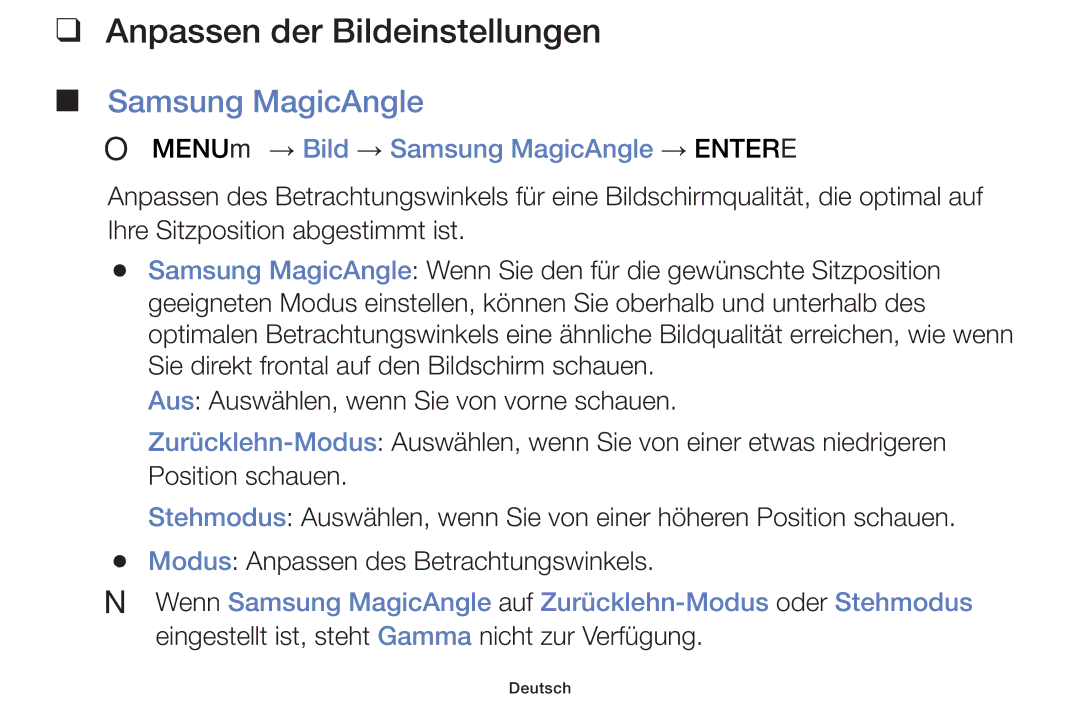 Samsung UE32F6100AWXXH, UE55F6100AWXZG manual Anpassen der Bildeinstellungen, OO MENUm → Bild → Samsung MagicAngle → Entere 