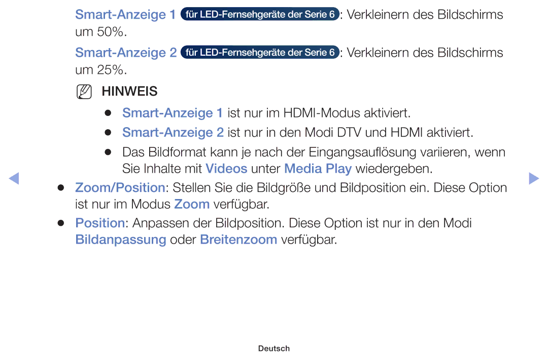 Samsung UE32F6100AWXTK, UE32F6100AWXXH, UE55F6100AWXZG manual Smart-Anzeige, Bildanpassung oder Breitenzoom verfügbar 