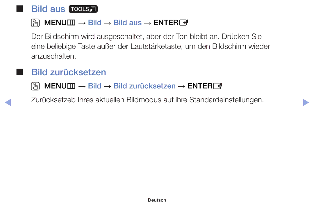 Samsung UE60F6100AWXZG, UE32F6100AWXXH, UE55F6100AWXZG manual Bild aus t, OO MENUm → Bild → Bild zurücksetzen → Entere 