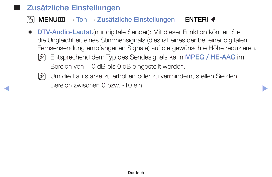 Samsung UE46F6170SSXZG, UE32F6100AWXXH, UE55F6100AWXZG manual OO MENUm → Ton → Zusätzliche Einstellungen → Entere 