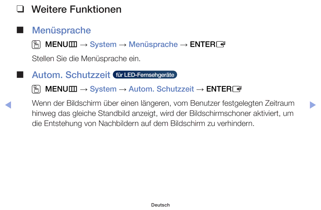 Samsung UE22F5000AWXXH, UE32F6100AWXXH, UE55F6100AWXZG manual Autom. Schutzzeit, OO MENUm → System → Menüsprache → Entere 