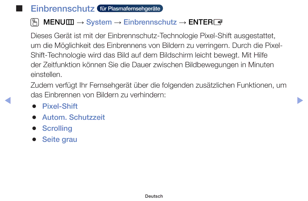 Samsung UE32F6100AWXTK, UE32F6100AWXXH, UE55F6100AWXZG manual OO MENUm → System → Einbrennschutz → Entere, Pixel-Shift 