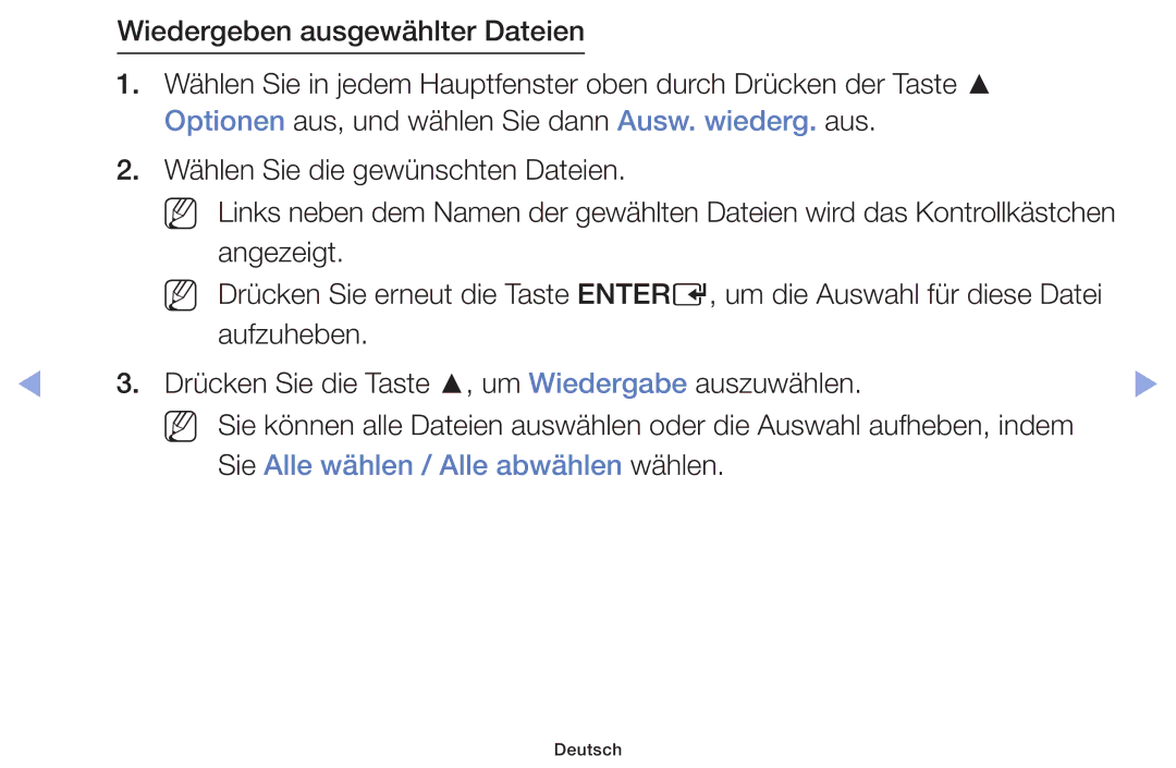 Samsung UE19F4000AWXZG, UE32F6100AWXXH manual Wiedergeben ausgewählter Dateien, Sie Alle wählen / Alle abwählen wählen 