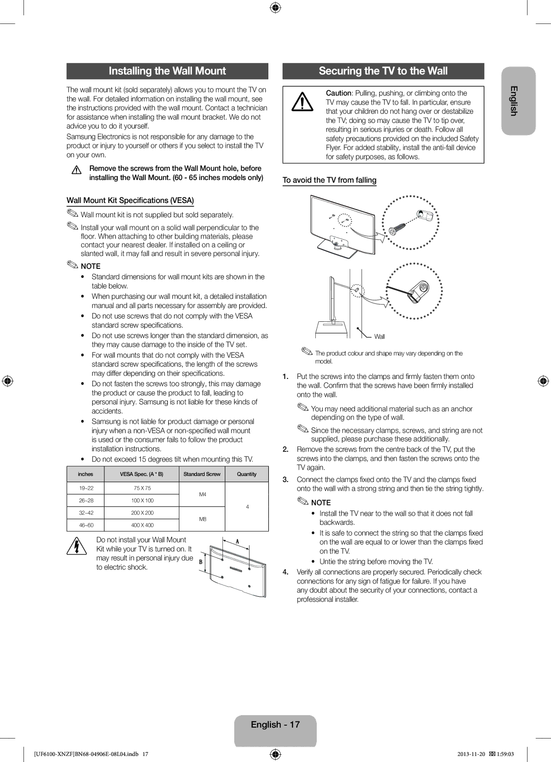 Samsung UE46F6100AWXZF manual Installing the Wall Mount, Wall Mount Kit Specifications Vesa, To avoid the TV from falling 