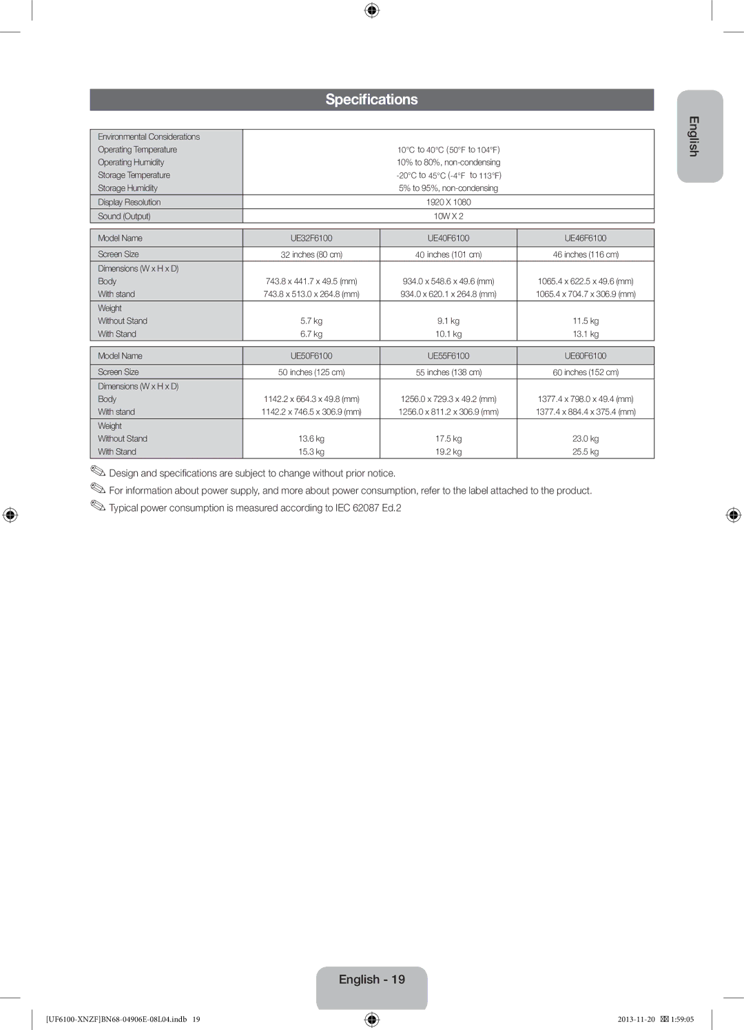 Samsung UE40F6100AKXZT, UE32F6100AWXXH, UE55F6100AWXZG, UE40F6100AWXXH, UE32F6100AWXTK, UE40F6100AWXXC manual Specifications 