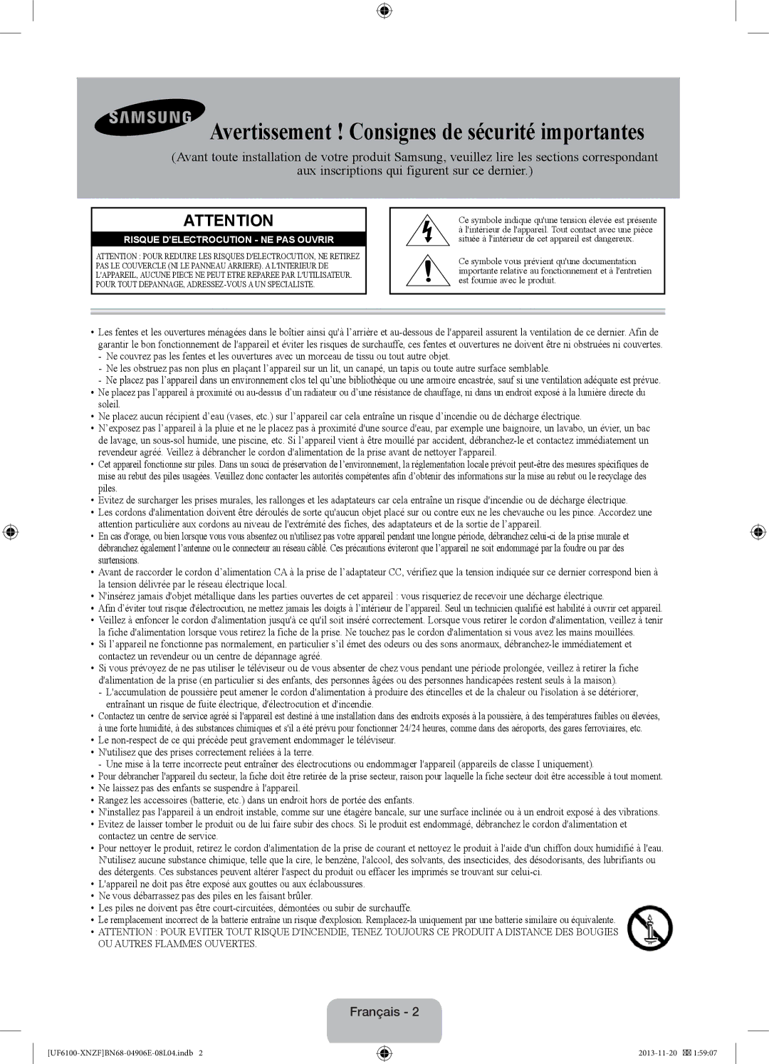 Samsung UE46F6100AKXZT, UE32F6100AWXXH, UE55F6100AWXZG manual Avertissement ! Consignes de sécurité importantes, Français 