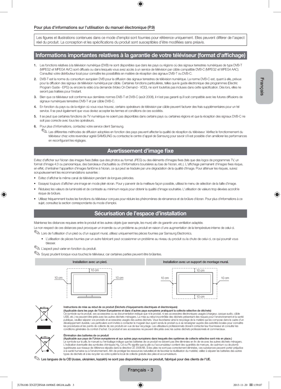 Samsung UE55F6100AKXZT Avertissement d’image fixe, Sécurisation de l’espace d’installation, En reconfigurant les réglages 