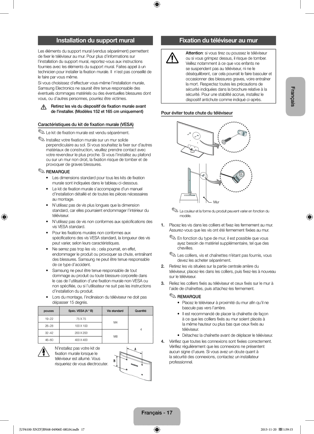 Samsung UE40F6100AWXXN, UE32F6100AWXXH Installation du support mural, Caractéristiques du kit de fixation murale Vesa, Mur 