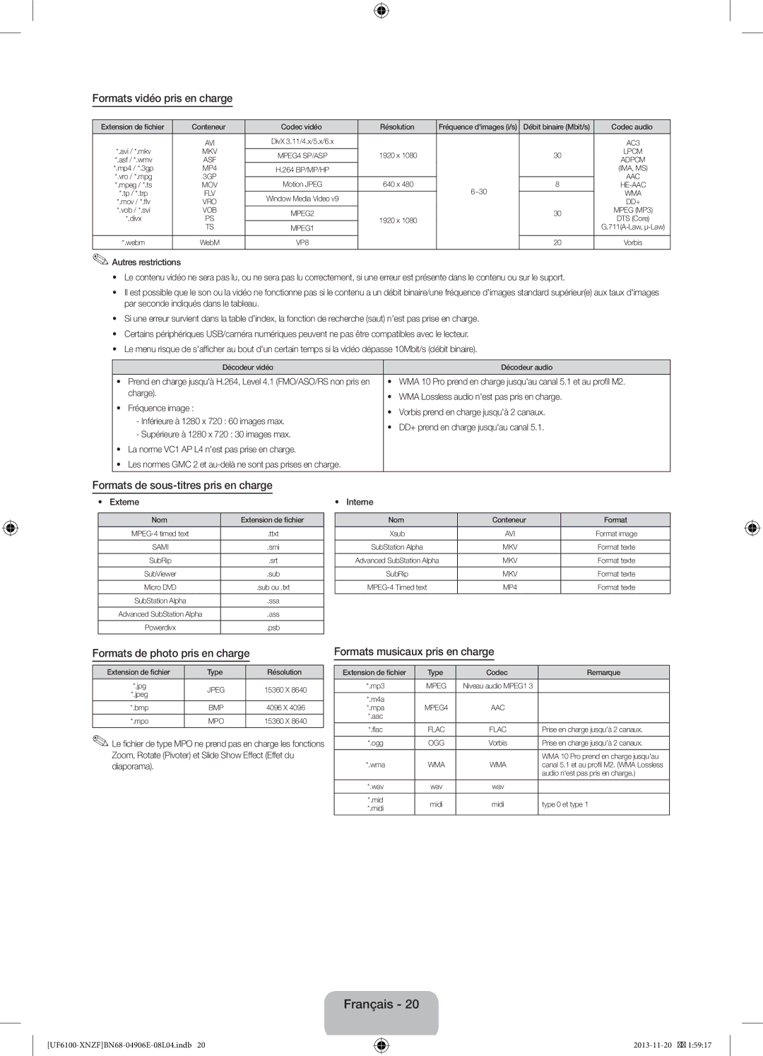 Samsung UE40F6100AWXXH, UE32F6100AWXXH, UE55F6100AWXZG Formats vidéo pris en charge, Formats de sous-titres pris en charge 