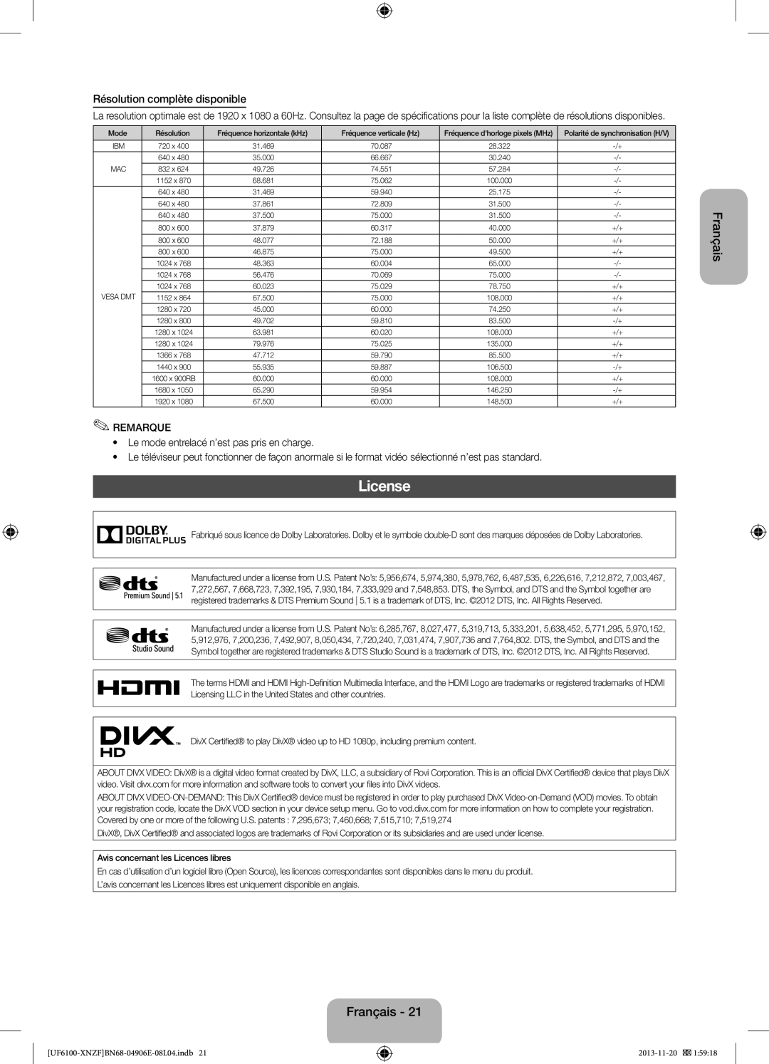 Samsung UE32F6100AWXTK, UE32F6100AWXXH, UE55F6100AWXZG, UE40F6100AWXXH manual License, Résolution complète disponible 