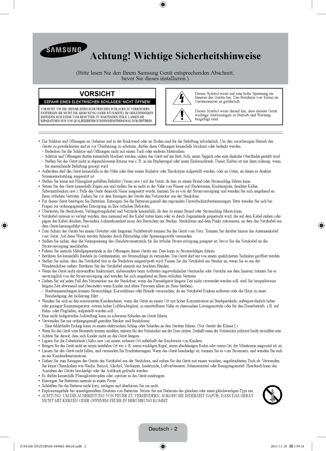 Samsung UE40F6100AWXXC, UE32F6100AWXXH, UE55F6100AWXZG, UE40F6100AWXXH manual Achtung! Wichtige Sicherheitshinweise, Deutsch 