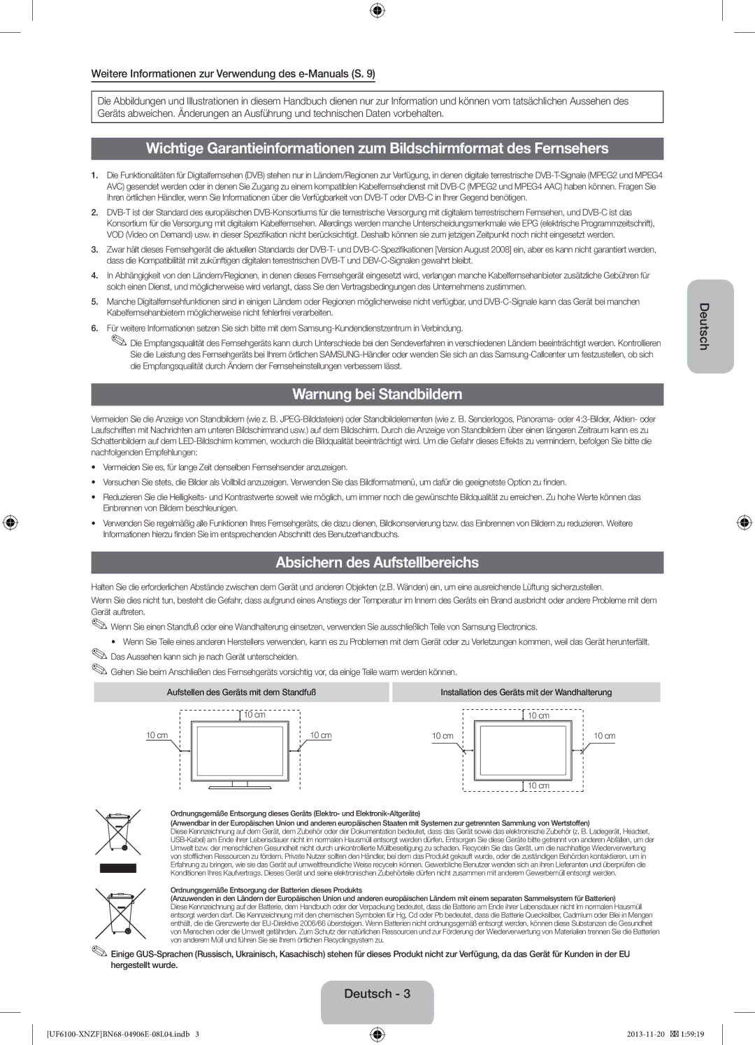 Samsung UE46F6100AWXZG, UE32F6100AWXXH, UE55F6100AWXZG manual Warnung bei Standbildern, Absichern des Aufstellbereichs 