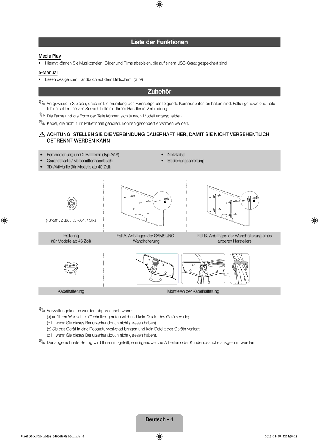 Samsung UE50F6100AWXXH, UE32F6100AWXXH manual Liste der Funktionen, Zubehör, Lesen des ganzen Handbuch auf dem Bildschirm. S 