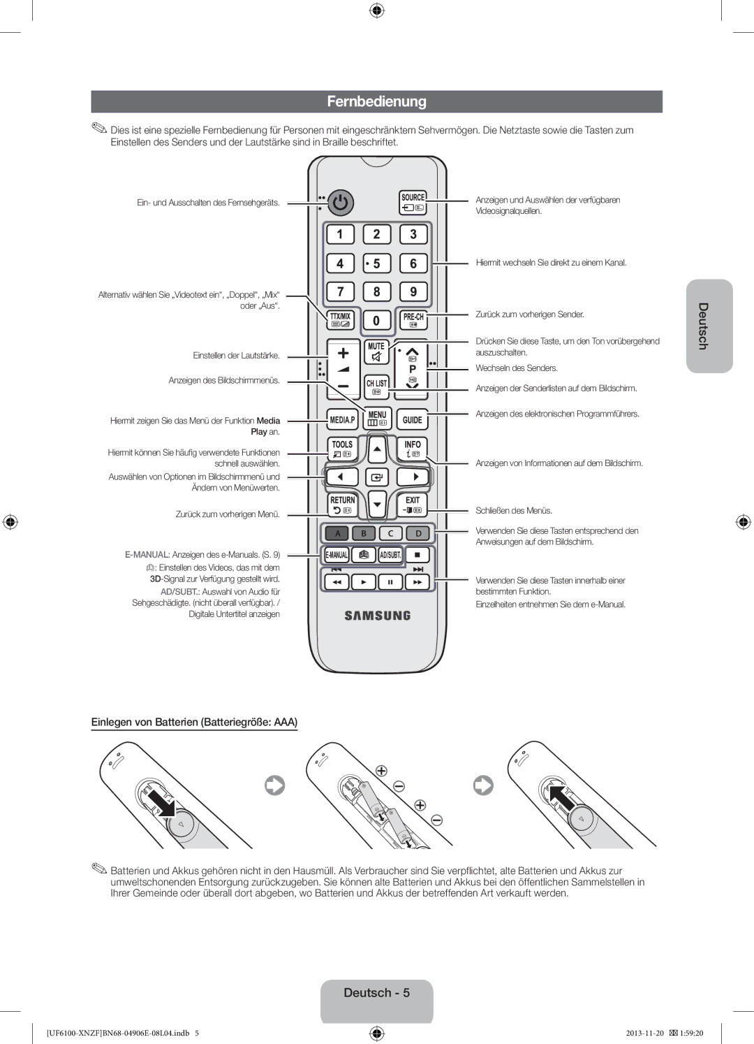 Samsung UE60F6100AWXZG, UE32F6100AWXXH, UE55F6100AWXZG manual Fernbedienung, Einlegen von Batterien Batteriegröße AAA 