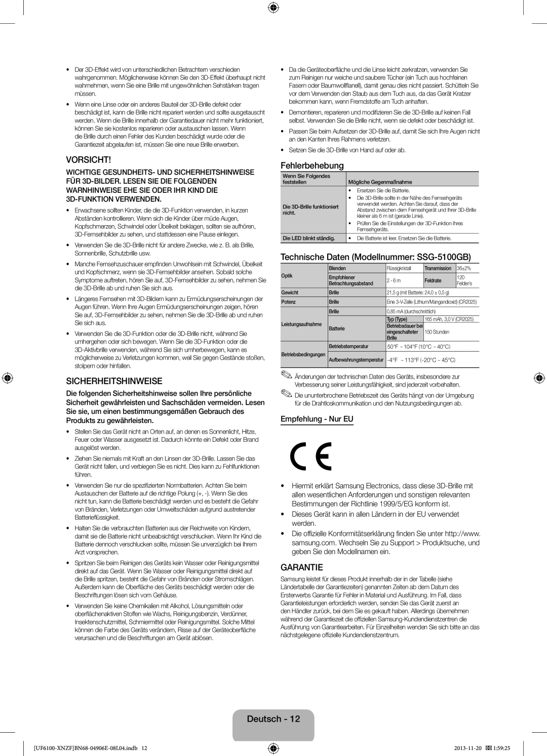 Samsung UE55F6100AWXZF, UE32F6100AWXXH manual Fehlerbehebung, Technische Daten Modellnummer SSG-5100GB, Empfehlung Nur EU 