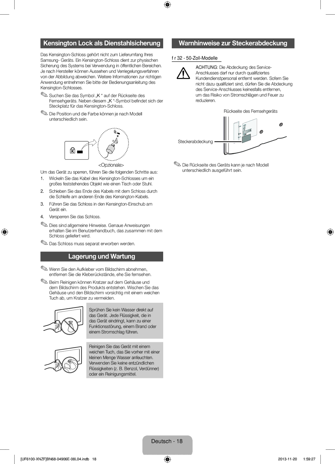 Samsung UE50F6100AKXZT manual Warnhinweise zur Steckerabdeckung, Lagerung und Wartung, Für 32 50-Zoll-Modelle, Opzionale 