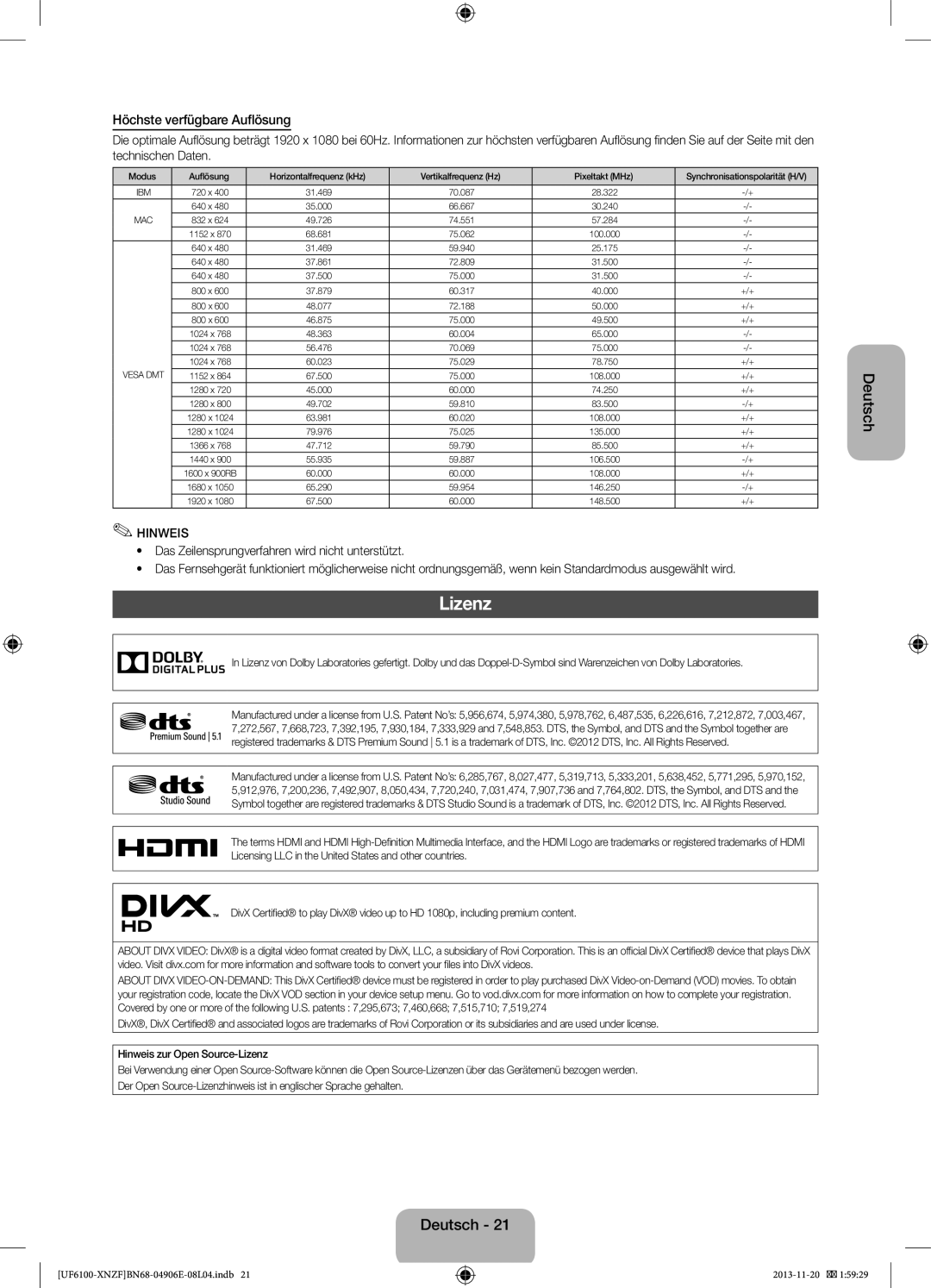 Samsung UE55F6100AKXZT, UE32F6100AWXXH, UE55F6100AWXZG, UE40F6100AWXXH, UE32F6100AWXTK Lizenz, Höchste verfügbare Auflösung 