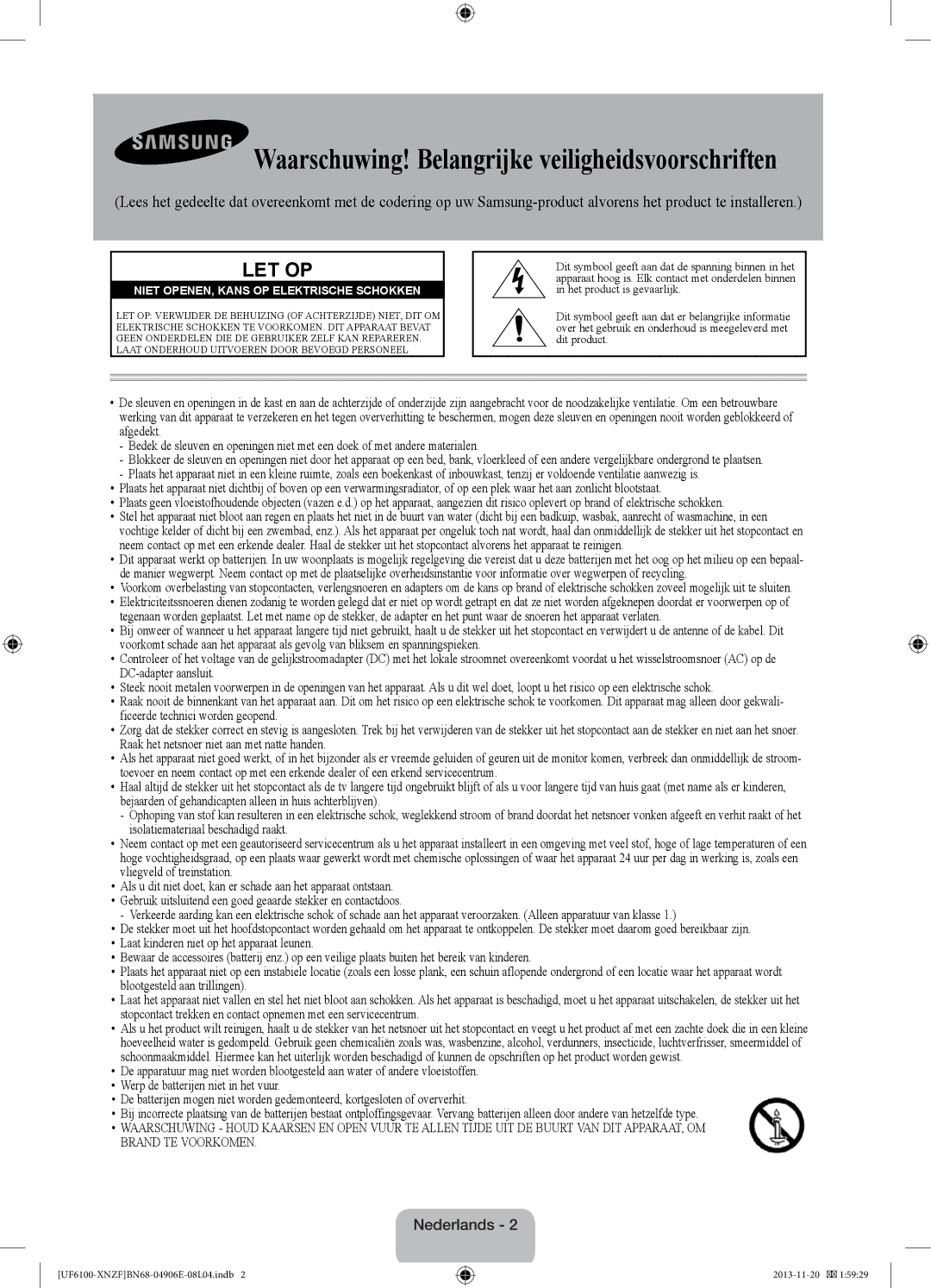 Samsung UE55F6100AWXXH, UE32F6100AWXXH, UE55F6100AWXZG manual Waarschuwing! Belangrijke veiligheidsvoorschriften, Nederlands 