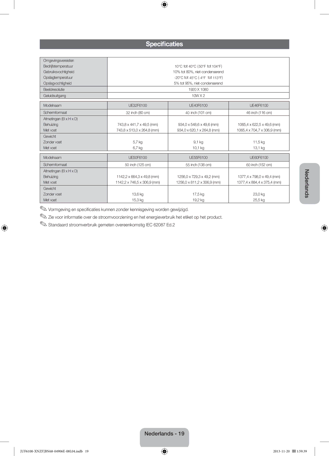 Samsung UE32F6100AWXTK, UE32F6100AWXXH, UE55F6100AWXZG, UE40F6100AWXXH, UE40F6100AWXXC, UE46F6100AWXZG manual Specificaties 