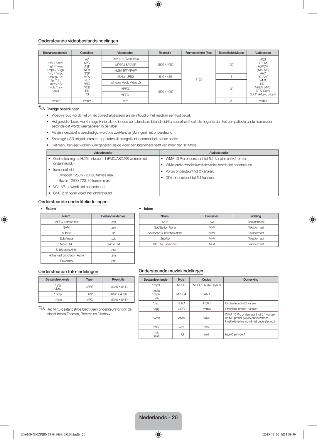 Samsung UE40F6100AWXXC, UE32F6100AWXXH manual Ondersteunde videobestandsindelingen, Ondersteunde ondertitelindelingen 