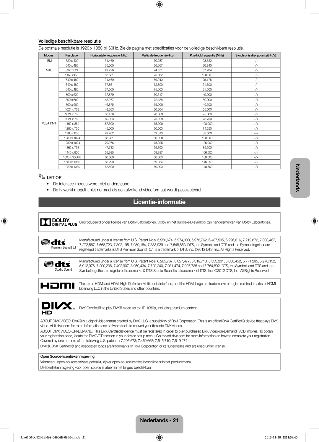 Samsung UE46F6100AWXZG, UE32F6100AWXXH, UE55F6100AWXZG, UE40F6100AWXXH Licentie-informatie, Volledige beschikbare resolutie 