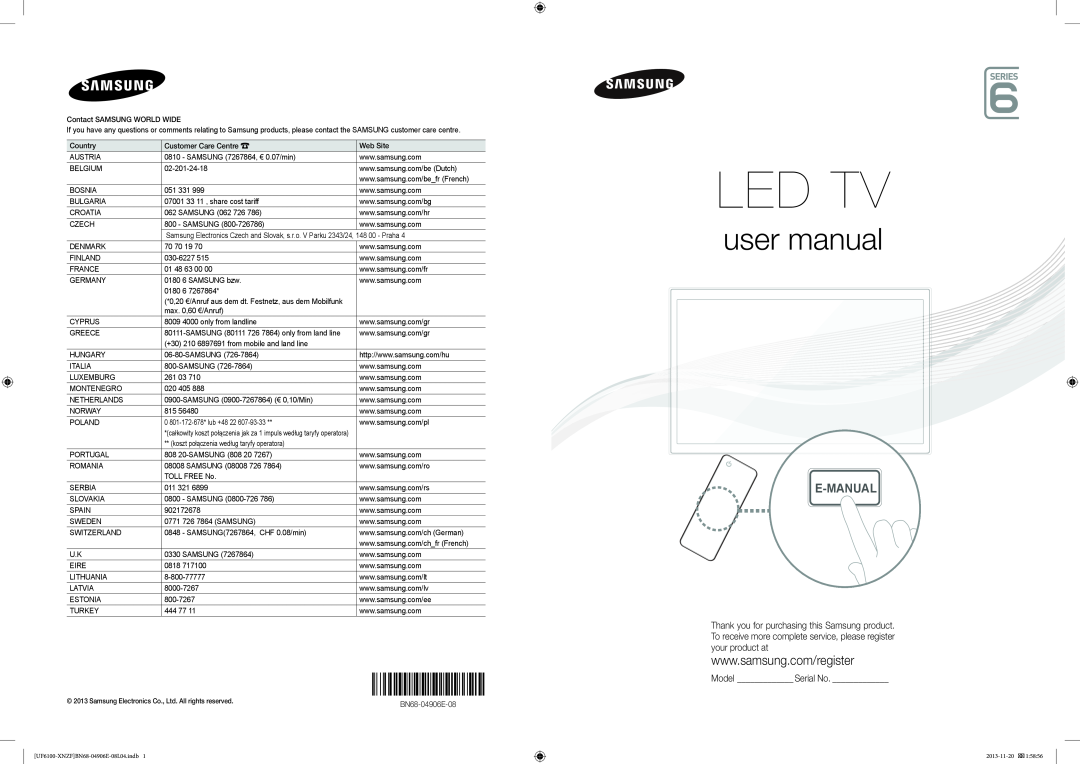 Samsung UE40F6100AWXXH, UE32F6100AWXXH, UE22F5000AWXXH, UE28F4000AWXXH, UE19F4000AWXXH manual E-Manual, Model Serial No 