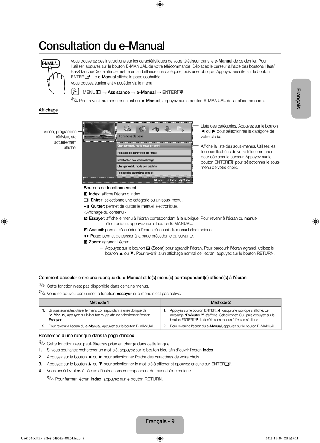 Samsung UE32F6100AWXXC Consultation du e-Manual, OO MENUm→ Assistance → e-Manual → ENTERE, Affichage, Français, E-Manual 