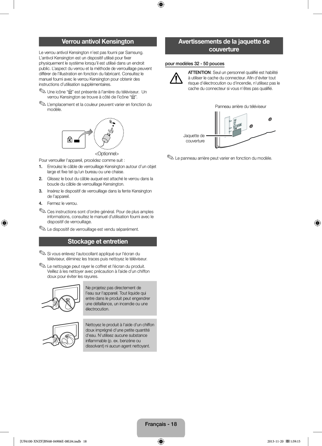 Samsung UE32F6100AWXXH manual Verrou antivol Kensington, Avertissements de la jaquette de couverture, Stockage et entretien 