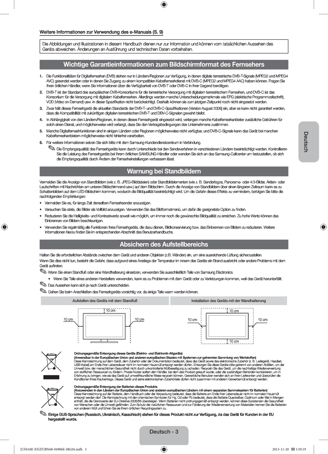 Samsung UE46F6100AWXZG manual Wichtige Garantieinformationen zum Bildschirmformat des Fernsehers, Warnung bei Standbildern 