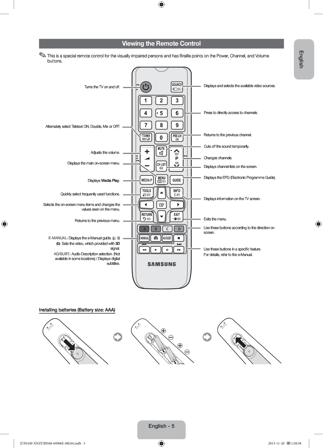 Samsung UE46F6100AWXZG, UE32F6100AWXXH manual Viewing the Remote Control, Installing batteries Battery size AAA, English 