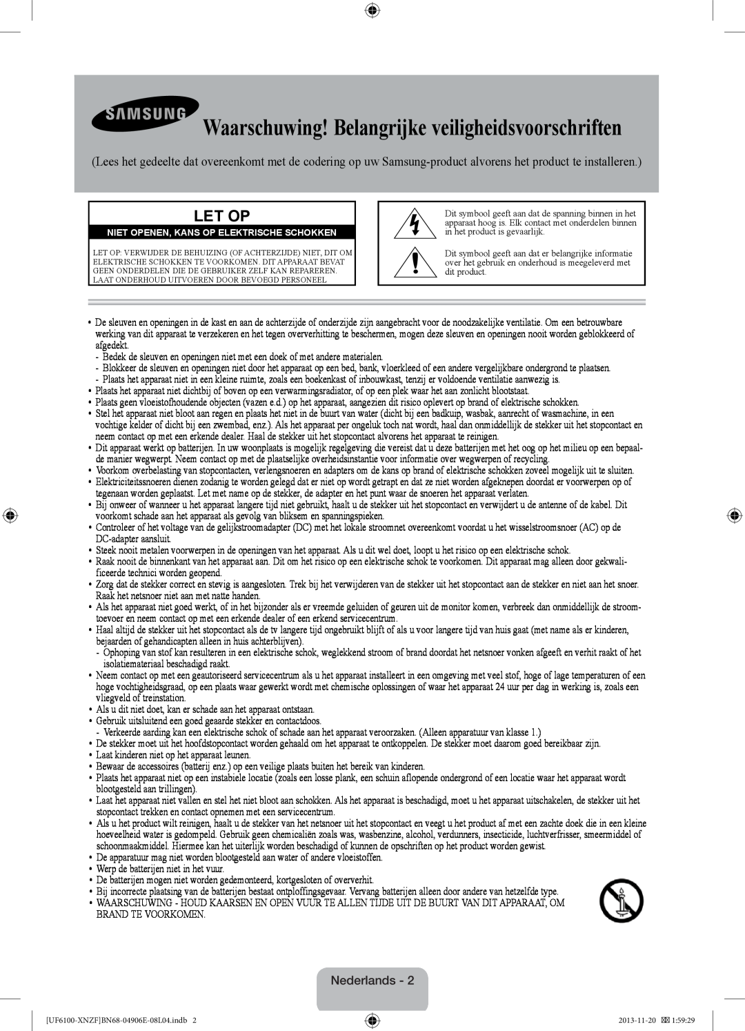 Samsung UE55F6100AWXXH, UE32F6100AWXXH manual Waarschuwing! Belangrijke veiligheidsvoorschriften, Let Op, Nederlands 