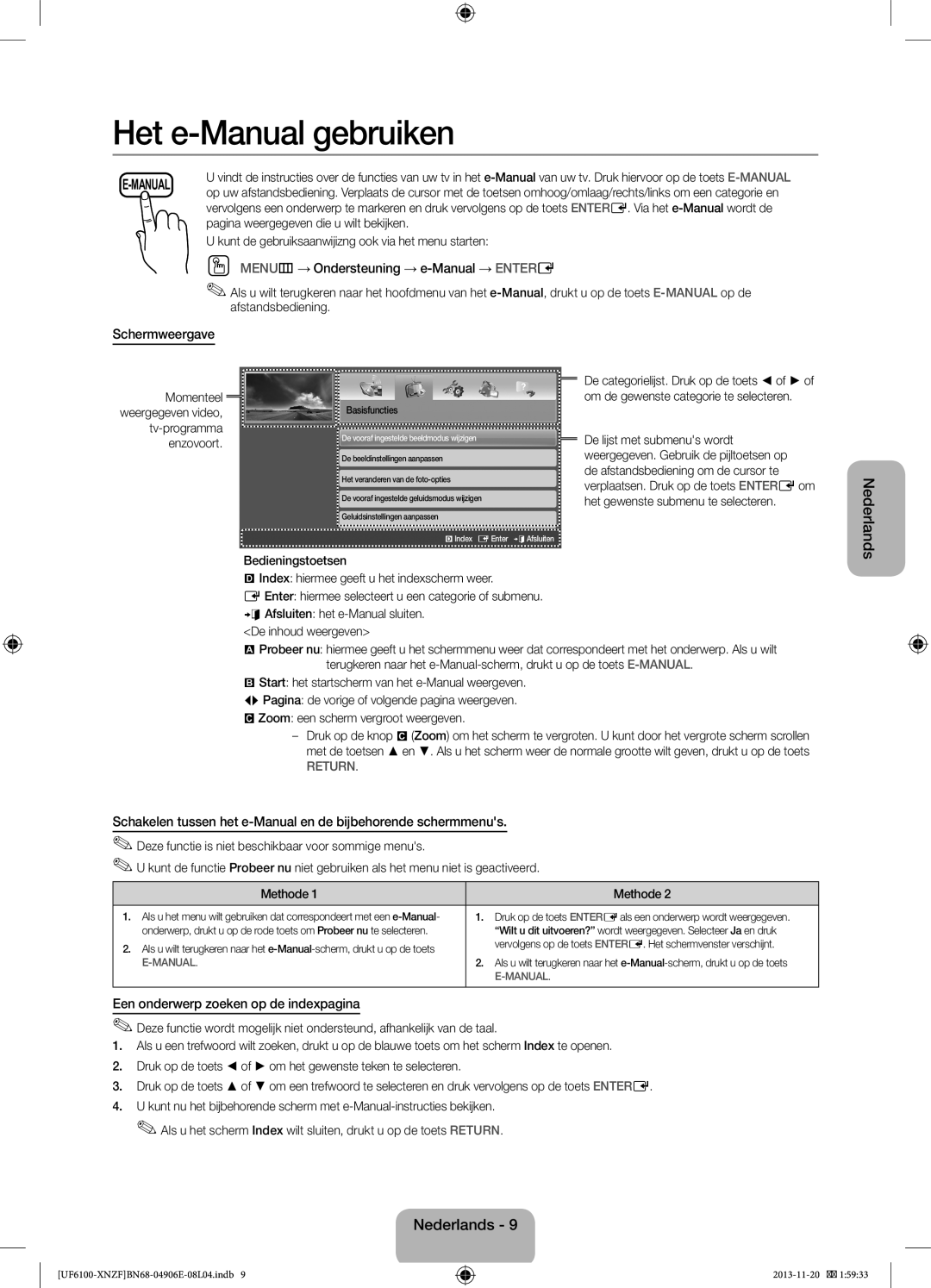 Samsung UE60F6100AWXBT Het e-Manual gebruiken, OO MENUm→ Ondersteuning → e-Manual → ENTERE, Schermweergave, Nederlands 