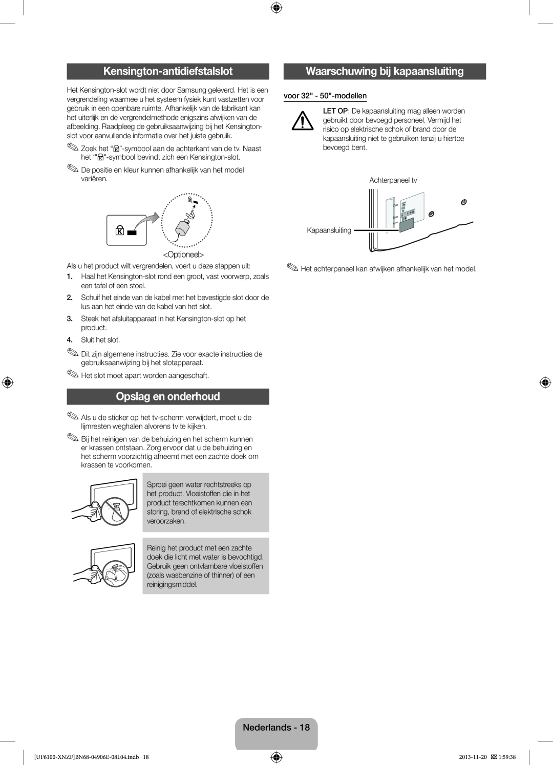 Samsung UE40F6100AWXXH manual Kensington-antidiefstalslot, Waarschuwing bij kapaansluiting, Opslag en onderhoud, Optioneel 