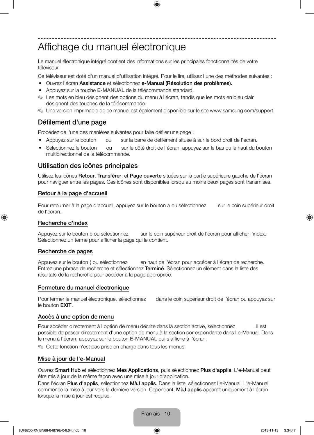 Samsung UE32F6200AWXZF manual Affichage du manuel électronique, Défilement dune, Utilisation des icônes principales 