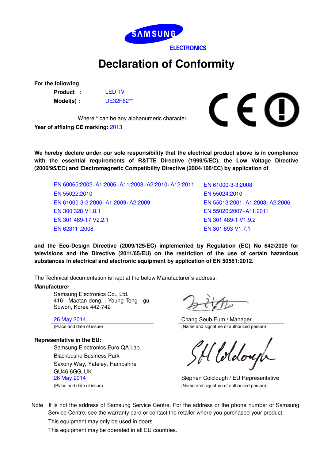 Samsung UE40F6270SSXZG, UE32F6270SSXZG, UE46F6270SSXZG, UE40F6270SSXTK manual Declaration of Conformity, Led Tv 