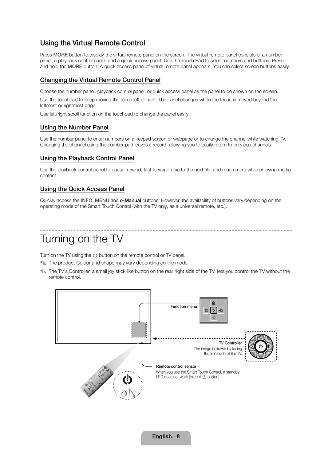 Samsung UE32F6330AKXRU, UE46F6330AKXRU, UE50F6330AKXRU, UE40F6330AKXRU Turning on the TV, Using the Virtual Remote Control 