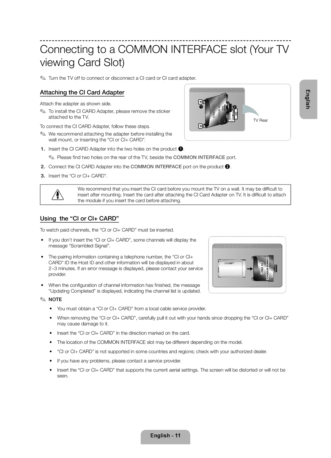 Samsung UE40F6330AKXRU, UE32F6330AKXRU, UE46F6330AKXRU manual Attaching the CI Card Adapter, Using the CI or CI+ Card 