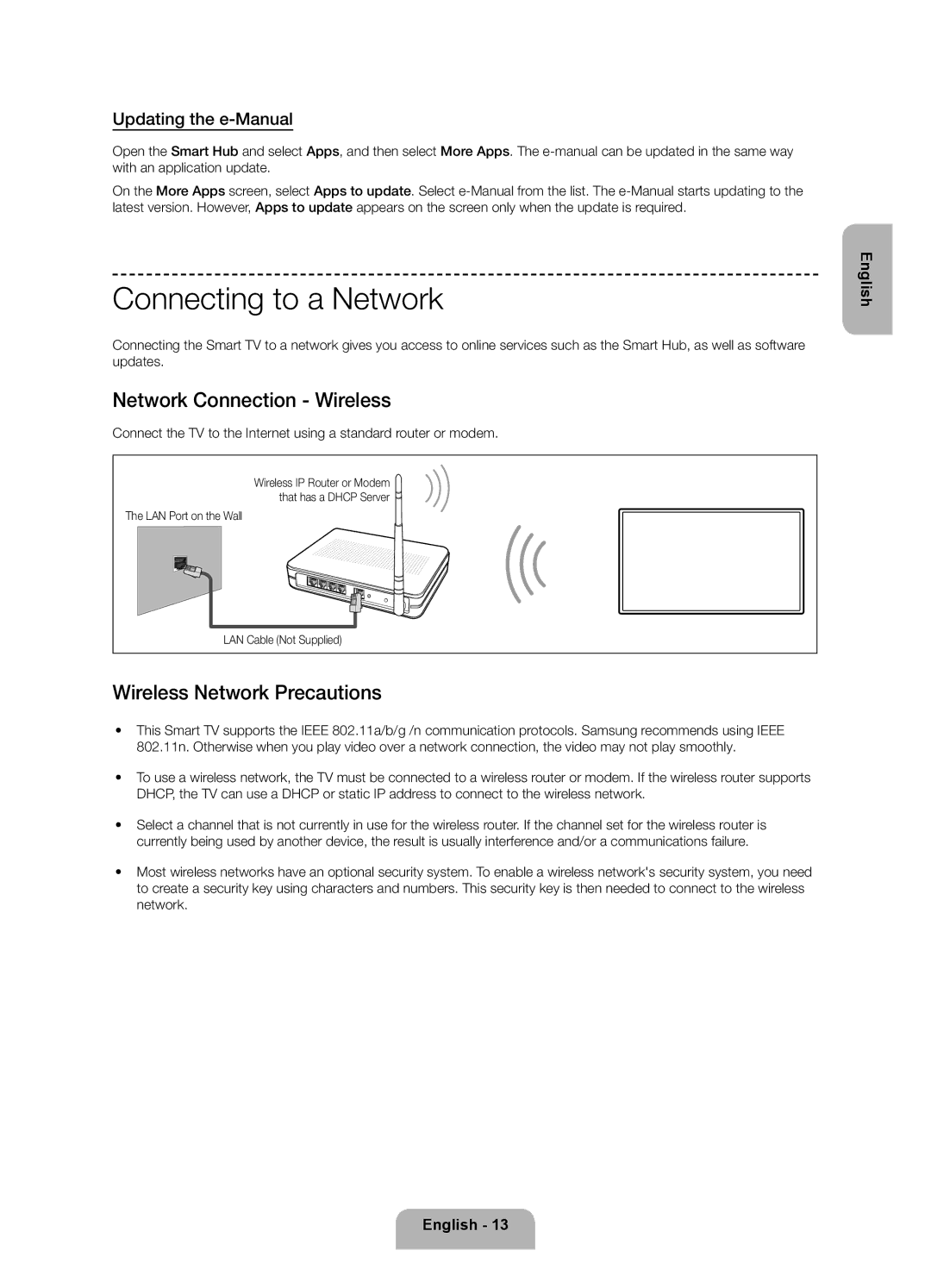 Samsung UE46F6330AKXRU, UE32F6330AKXRU Connecting to a Network, Network Connection Wireless, Wireless Network Precautions 