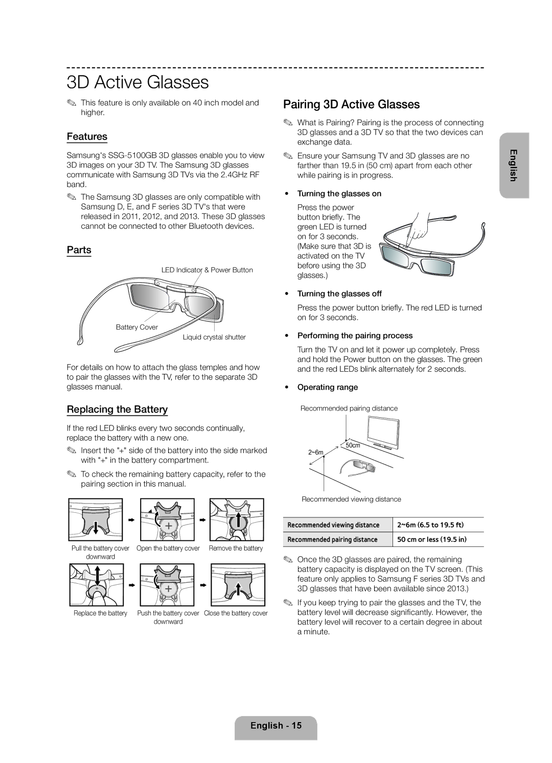 Samsung UE40F6330AKXRU, UE32F6330AKXRU manual Pairing 3D Active Glasses, Features, Parts, Replacing the Battery 