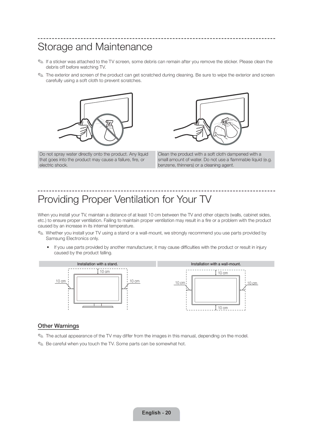 Samsung UE32F6330AKXRU, UE46F6330AKXRU Storage and Maintenance, Providing Proper Ventilation for Your TV, Other Warnings 