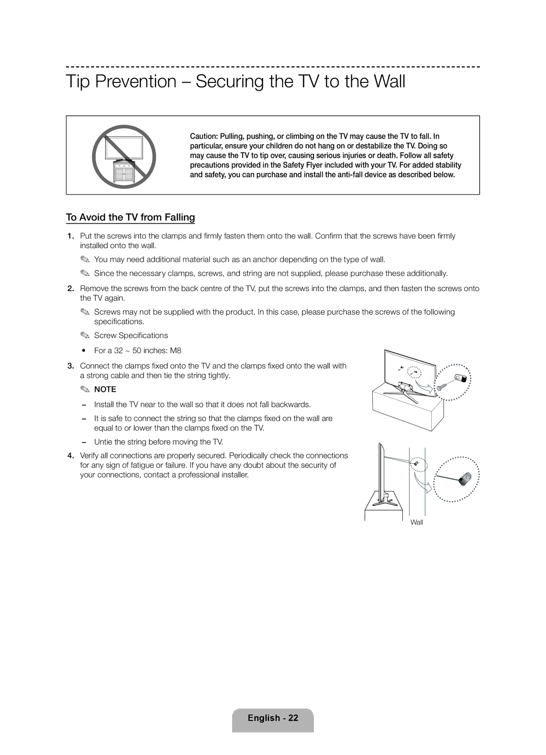 Samsung UE50F6330AKXRU, UE32F6330AKXRU manual Tip Prevention Securing the TV to the Wall, To Avoid the TV from Falling 