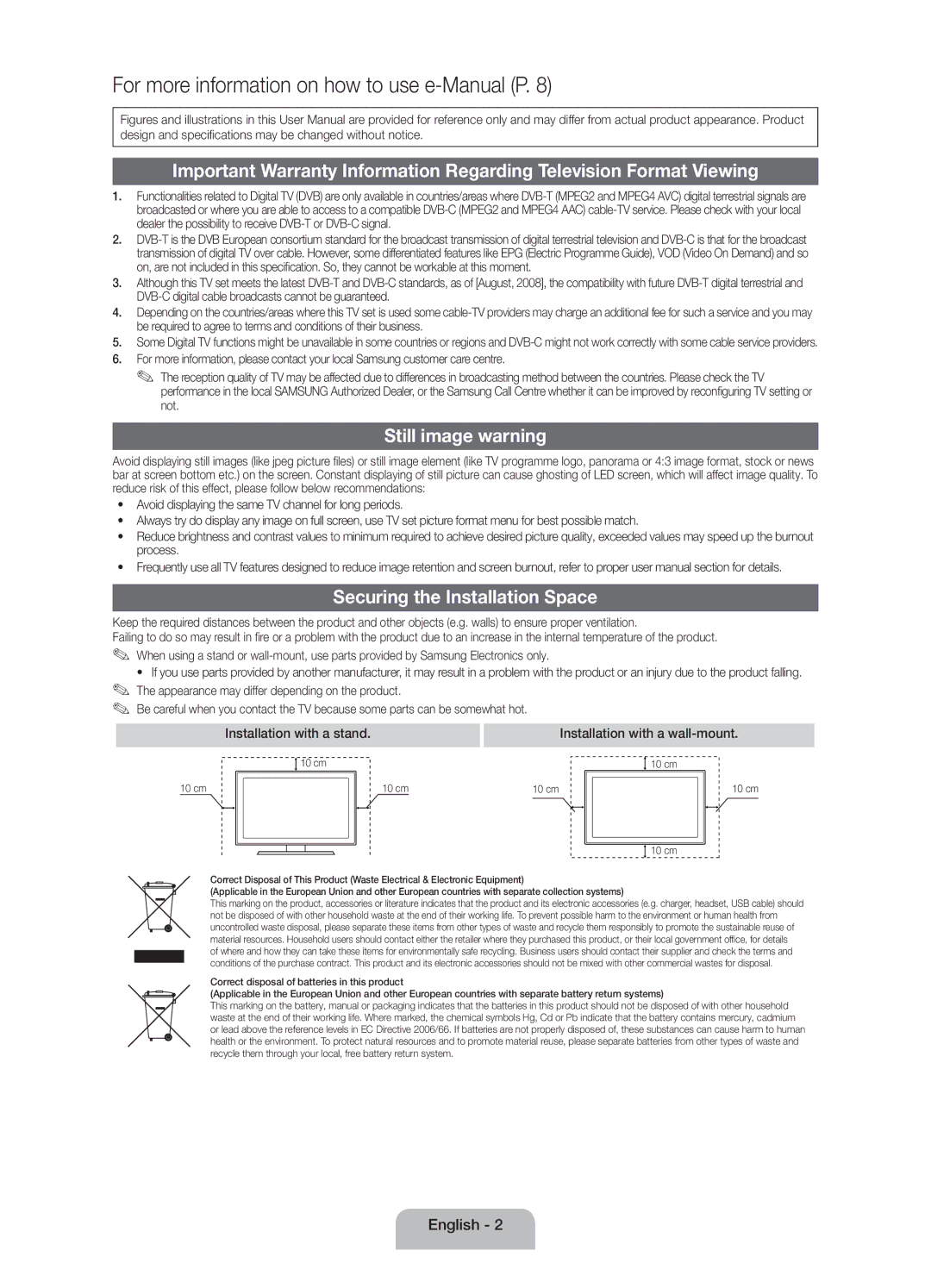 Samsung UE32FH4003WXRU manual Still image warning, Securing the Installation Space 