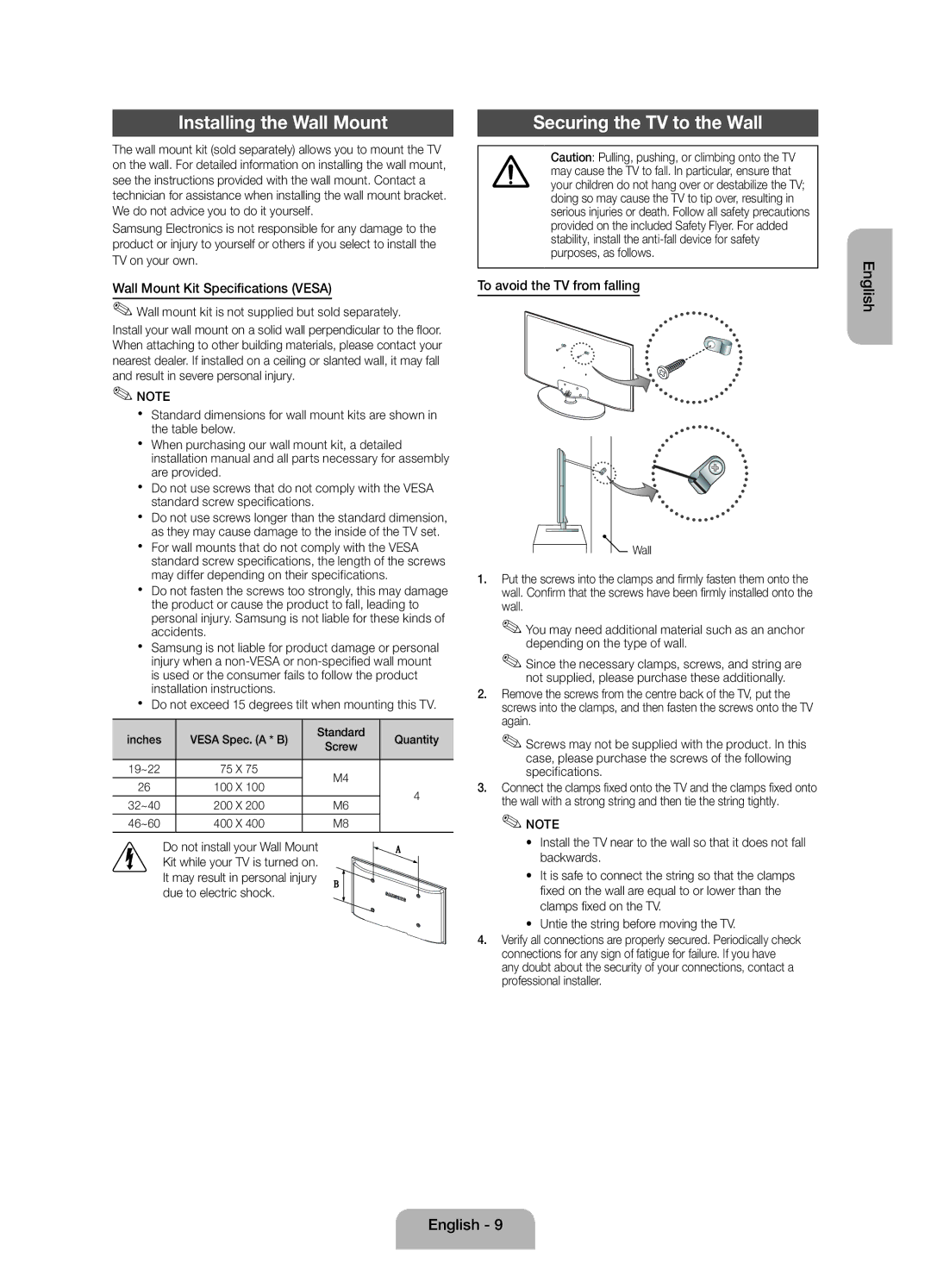 Samsung UE32FH4003WXRU manual Installing the Wall Mount, Securing the TV to the Wall, Wall Mount Kit Specifications Vesa 