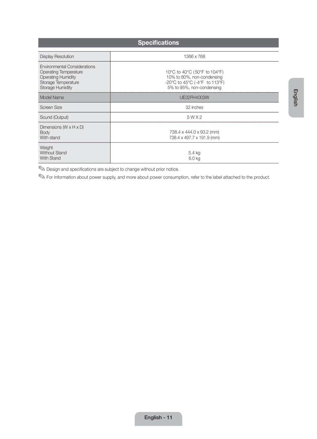 Samsung UE32FH4003WXRU manual Specifications 