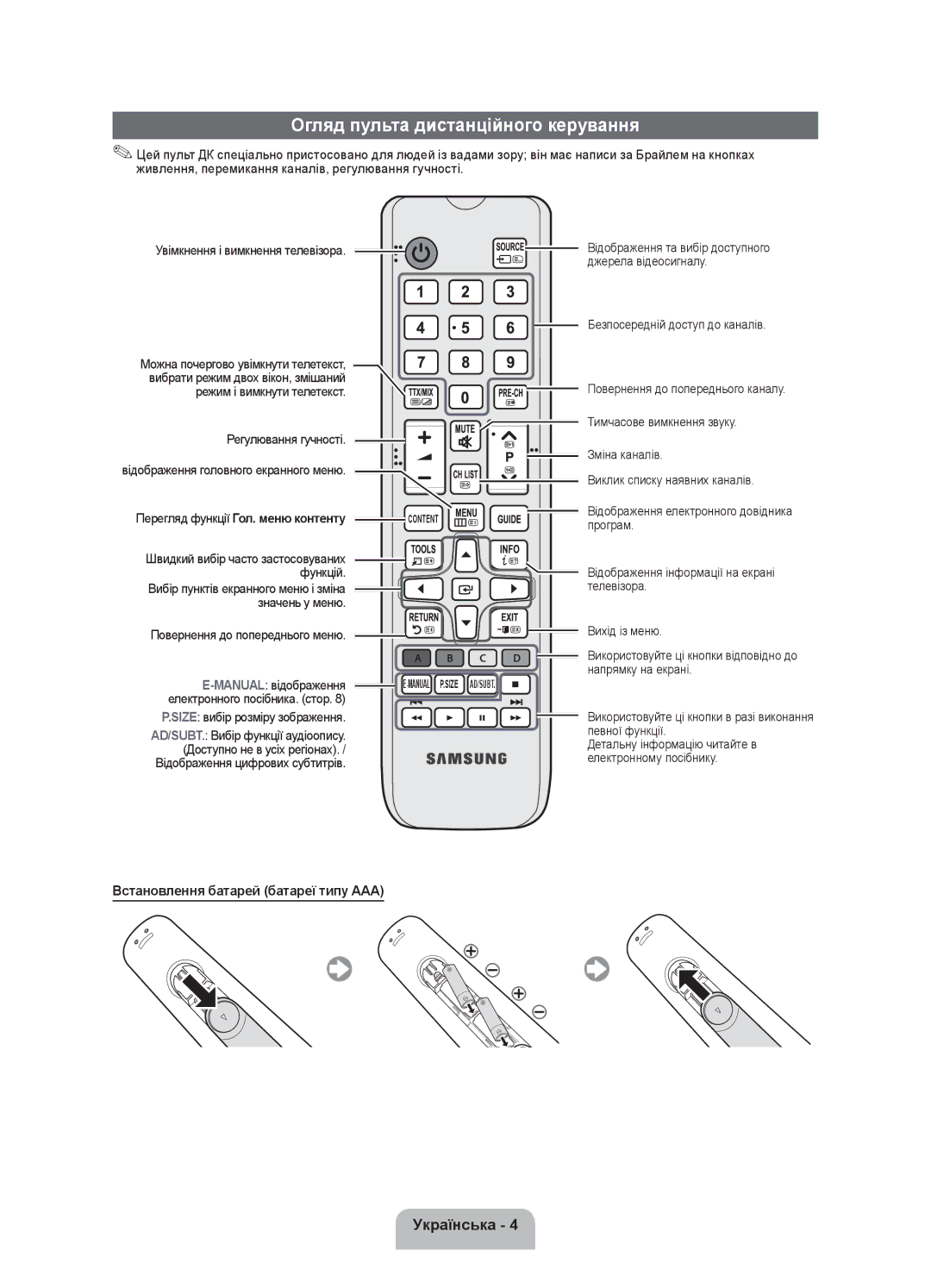 Samsung UE32FH4003WXRU manual Огляд пульта дистанційного керування, Встановлення батарей батареї типу AAA 