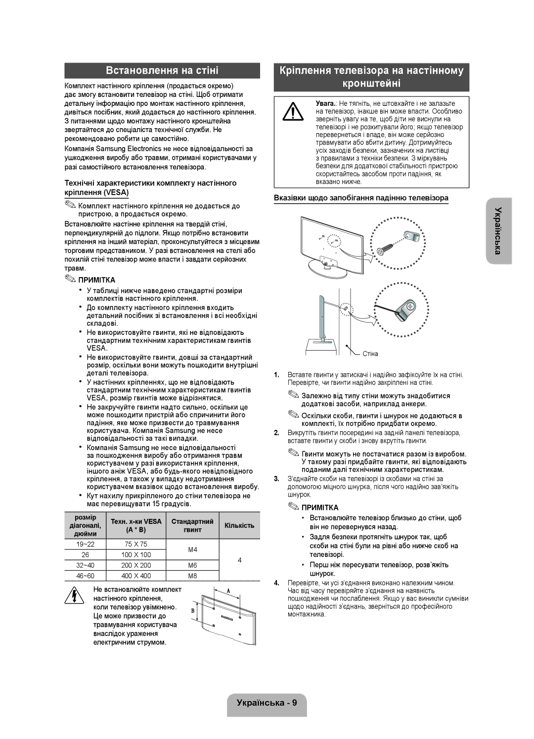 Samsung UE32FH4003WXRU manual Встановлення на стіні, Кріплення телевізора на настінному Кронштейні 