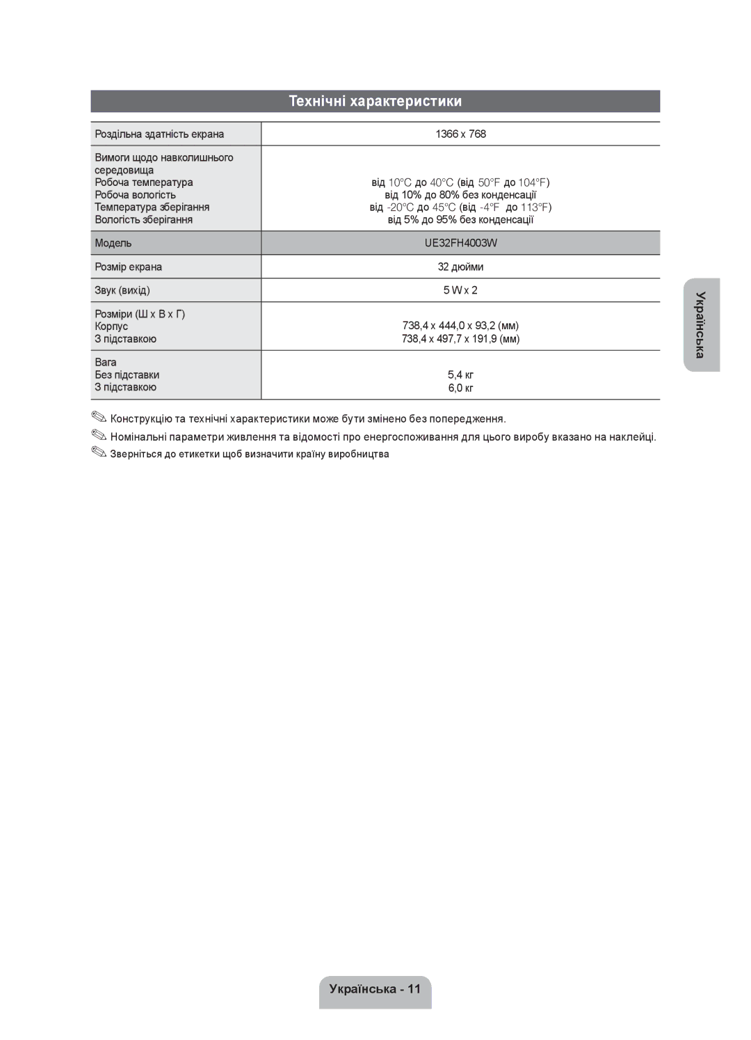 Samsung UE32FH4003WXRU manual Технічні характеристики 