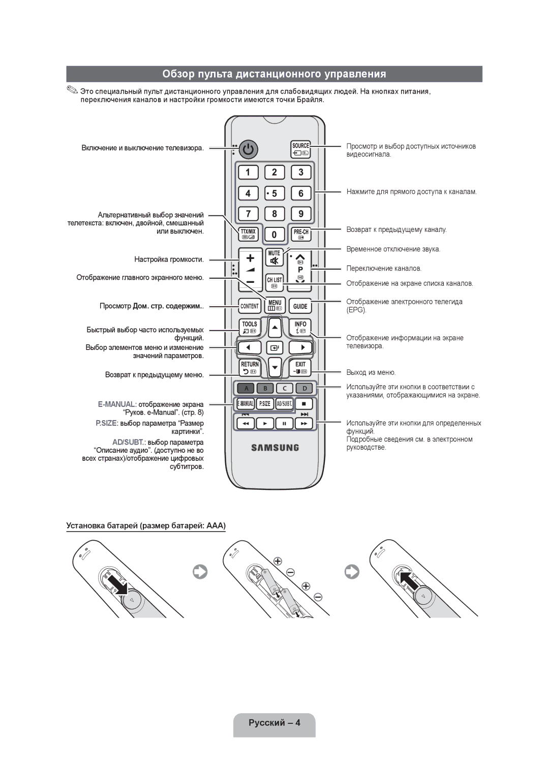 Samsung UE32FH4003WXRU manual Обзор пульта дистанционного управления, Установка батарей размер батарей AAA 